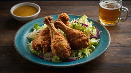 Crispy Fried Chicken Drumsticks on Blue Plate with Beer.