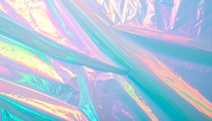 Iridescent Plastic Wrap Folds Displaying Pastel Spectrum Shimmer against a Y2k Textured Background