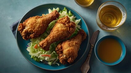 Crispy Fried Chicken Drumsticks on Blue Plate with Beer.