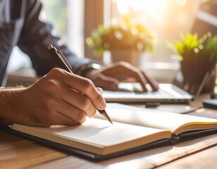 “Pessoa escrevendo em caderno com caneta elegante, luz natural suave entrando pela janela, mesa organizada com elementos de escritório criativos, atmosfera inspiradora, close-up, estilo realista image