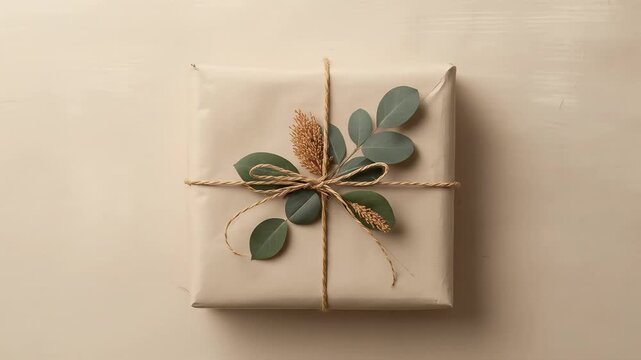 Elegant Gift Presentation, A Beautifully Wrapped Present with Botanical Accents