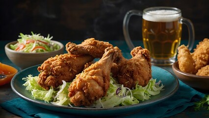 Crispy Fried Chicken Drumsticks on Blue Plate with Beer.