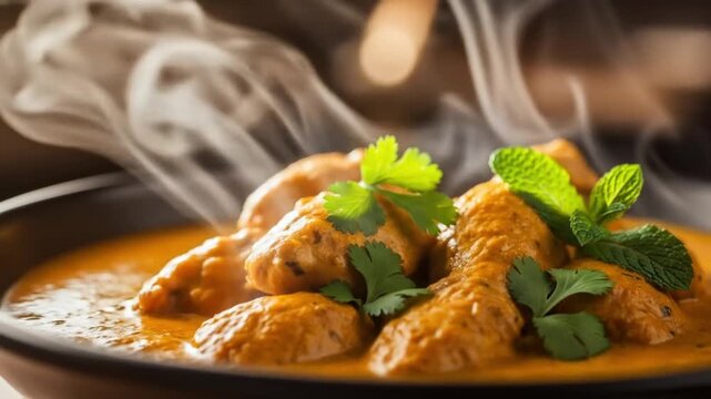 A delicious and aromatic bowl of traditional Indian chicken curry, steaming hot and garnished with fresh green herbs