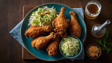 Crispy Fried Chicken Drumsticks on Blue Plate with Beer.