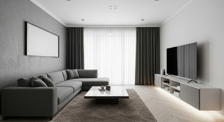 A modern living room interior featuring a comfortable gray sectional sofa, a sleek coffee table, and a large television on a stylish stand, complemented by dark curtains and a textured wall