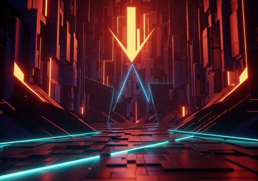 Abstract futuristic corridor with glowing neon lines and geometric shapes in shades of orange, blue, and black.