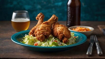 Crispy Fried Chicken Drumsticks on Blue Plate with Beer.