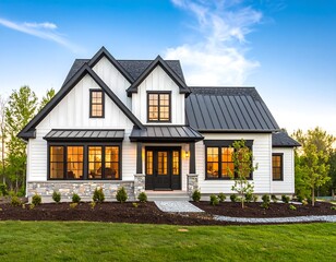 White farmhouse with black accents