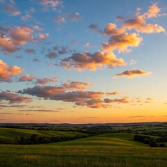 Fototapeta premium Orange light sunset clouds on the sky in the grassland green