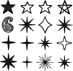 A decorative set of black and white star icons and symbols