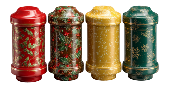 Decorative Holiday Canisters with Festive Designs on Transparent Background
