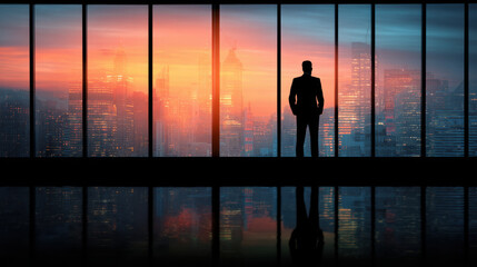 Silhouette of businessman stands by large window, overlooking vibrant city skyline at sunset. colorful sky reflects on glass, creating serene yet powerful atmosphere