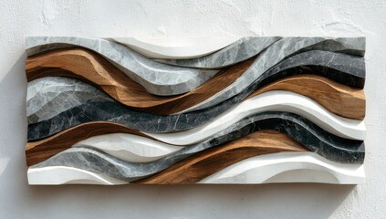Abstract wave-like sculpture carved from light and dark grey marble and rich brown wood, displaying a flowing, undulating pattern