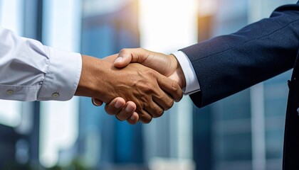 successful business agreement contract dealing businessman handshake close up hand palm with blur city building and office working space background