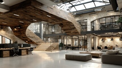 Multi-level open office interior with modern design