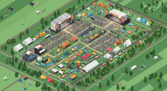This expansive flat design illustration offers a high-angle view of a large music festival, showcasing its stages, tents, food areas, and energetic crowds from above.