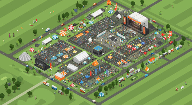 This expansive flat design illustration offers a high-angle view of a large music festival, showcasing its stages, tents, food areas, and energetic crowds from above.