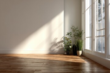 Empty room corner bathed in sunlight