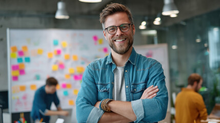 Smiling man in casual outfit stands confidently with arms crossed in modern office environment, showcasing collaborative workspace filled with colorful sticky notes