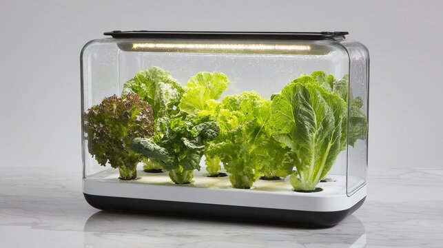 Indoor garden with bright green lettuce growing under LED light, modern design