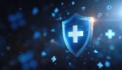 Digital shield with plus sign, glowing blue