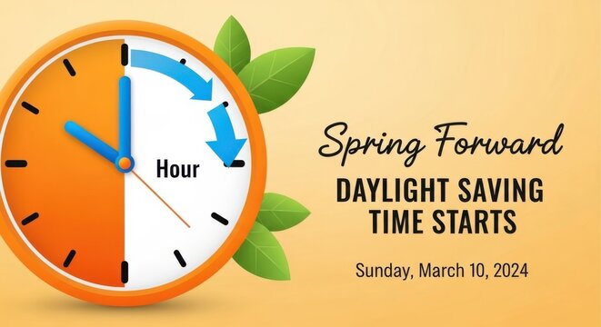 Spring forward daylight saving time starts on sunday, march 10, 2024, with a clock face indicating the hour change and green leaves