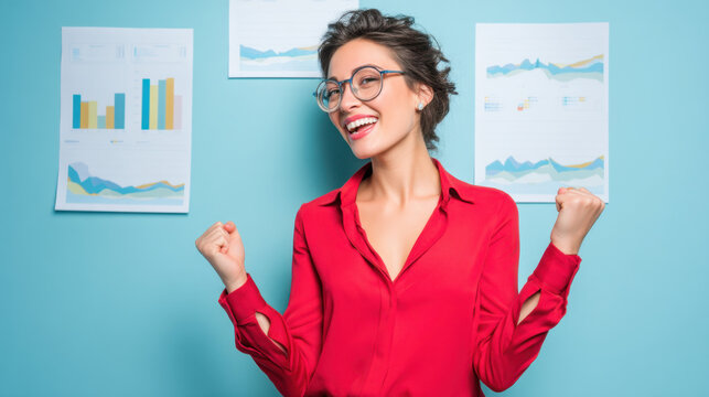 Cheerful woman celebrating success in professional setting, wearing glasses and red blouse, with charts and graphs in background, conveying sense of achievement and positivity - Powered by Adobe