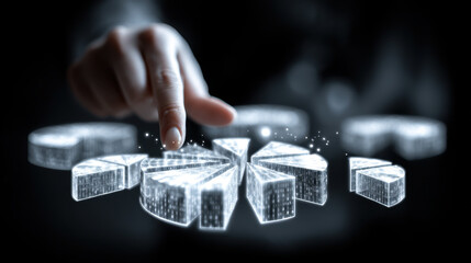 Digital interaction with holographic pie chart futuristic technology data visualization business analytics user interface digital display innovation statistics touchscreen modern design