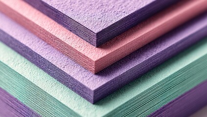 Close-up of a stack of pastel-colored textured paper, showcasing subtle color variations and a slightly rough surface.  The stack is angled, revealing multiple layers