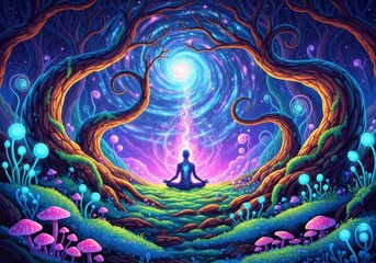 A figure meditates in lotus position beneath a glowing vortex in a vibrant, psychedelic forest landscape with mushrooms and gnarled trees.
