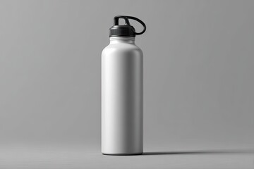A white, metallic water bottle with a black cap stands on a gray surface