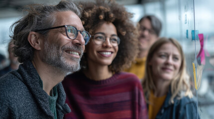 Fototapeta premium Creative professionals collaborate in modern workspace, smiling and engaged with colorful sticky notes on glass wall. Their expressions reflect enthusiasm and teamwork