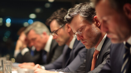 Focused business professionals engaged in serious meeting, displaying deep concentration and contemplation. atmosphere suggests critical discussion or decision making process
