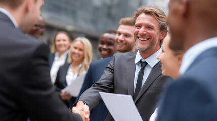 Building professional relationships is essential in business world, as seen in this of group of diverse professionals engaging in handshake and smiling