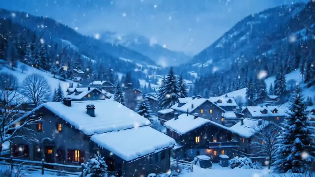 Snow falling on a quiet village