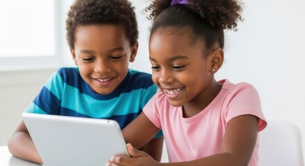 Two african american children are happily using a tablet together, showcasing modern education and the joy of learning with technology