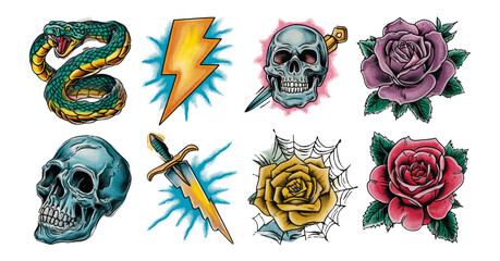 Obraz premium Colorful Tattoo Illustrations with Skull, Snake, and Rose Designs