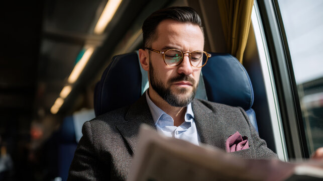 Man with glasses reads newspaper while sitting on train, showcasing moment of focus and contemplation. interior of train is visible, creating serene atmosphere