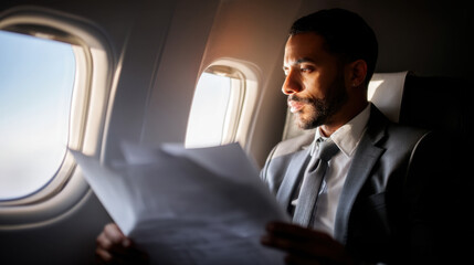 Man in suit is seated on airplane, looking thoughtfully at documents while gazing out window. scene conveys sense of focus and contemplation during travel