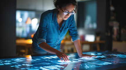 Woman interacts with futuristic touchscreen interface, displaying various digital data and graphics. environment is modern and tech oriented, creating atmosphere of innovation and exploration