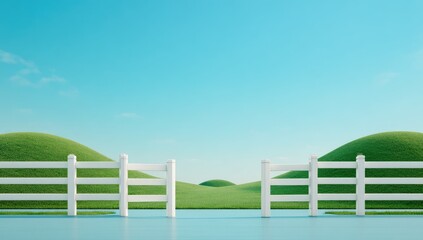 White fence with gate on a grassy hill under a clear sky.