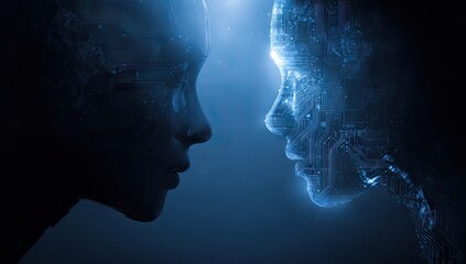 Two faces, profile view, appear to be merging.  Silhouetted human faces with glowing, intricate circuitry overlay.  Soft blue light highlights the details, creating a futuristic,  intriguing visual