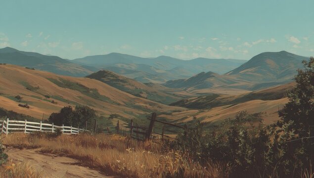A vista of rolling hills and valleys under a clear sky. - Powered by Adobe