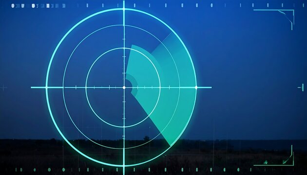 Futuristic Blue Radar Display Interface With Thin Reticle Rings And Faint Ticks Against Dark Sky Background