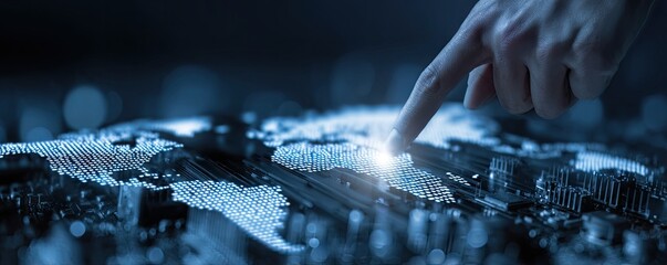 A hand points to a world map overlaid on a circuit board, highlighting global technology