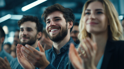 Fototapeta premium Audience members clapping and smiling during event, showcasing positive atmosphere of engagement and appreciation. diverse group reflects enthusiasm and support