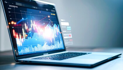 Laptop Displaying Data Stream with Corporate Blue Tones against a Neutral Background