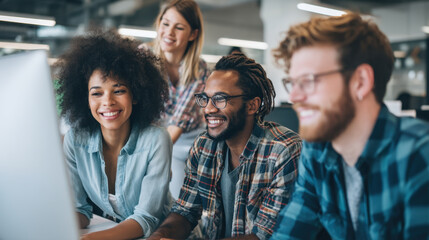 Collaborative team working together in modern office environment, focused on computer screen. They exhibit joy and engagement, showcasing teamwork and creativity