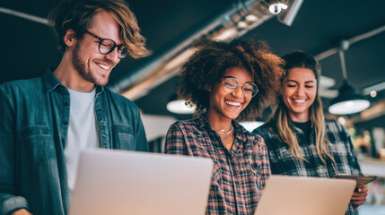 Creative professionals collaborating in modern workspace, smiling and engaging with laptops and tablets. atmosphere is vibrant and energetic, showcasing teamwork and innovation