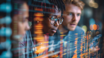 Innovative team analyzing data on digital screen, showcasing collaboration and technology in modern workspace. focus is on data visualization and teamwork in professional environment